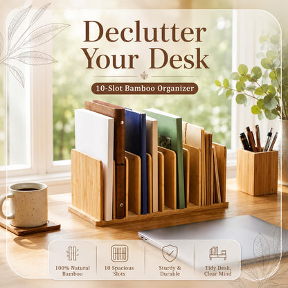 Suzile Bamboo File Organizer for Desk, 10 Slot Vertical File Sorter, Desktop Mail Holder, Wooden Office Desk Organizer Countertop Paper Holders for Documents, Letters