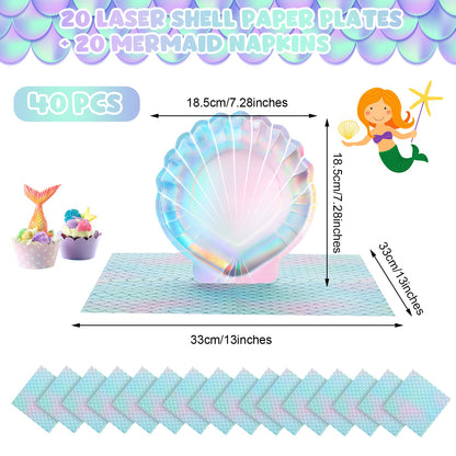 Gersoniel 40 Pcs Iridescent Mermaid Party Supplies Set, 20 Clam Shell Plates and 20 Scales Napkins Mermaid Party Decorations Disposable Paper Plates and Napkins Seashell for Birthday (Shell)