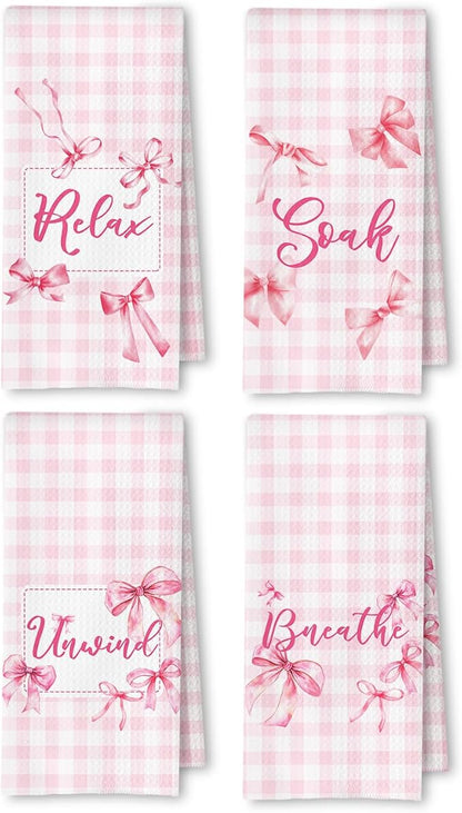 Coquette Pink Bow Checkered Decorative Towels