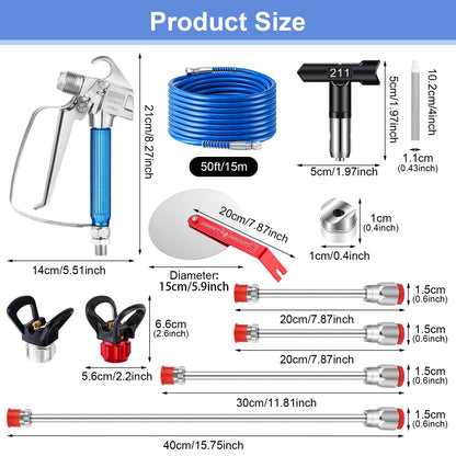 Gyfent 22Pcs Airless Paint Sprayer Gun Kit, 3600PSI Spray Gun with 50Ft x 1/4“ NPT Airless Paint Sprayer Hose & 6Pcs Reversible Spray Tips & Guide Tool & 4Pcs Extension Wand & 6Pcs Filters