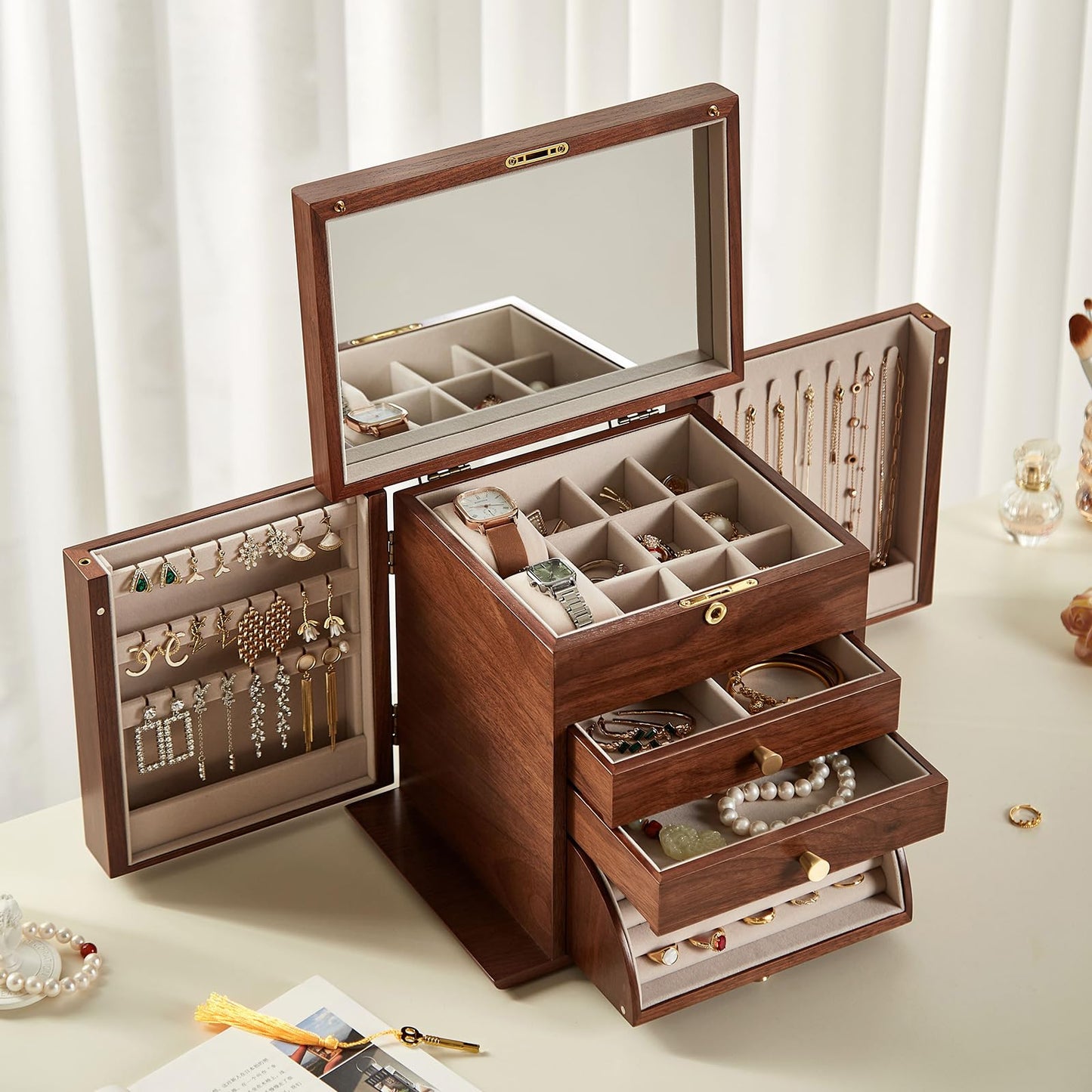 Homruilink Black Walnut Wooden Jewelry Box, Wood Jewelry Organizer with 2 Side Doors Mirror Lockable Classical for Watch Necklace Ring Earring, Fathers Day Gift-4 Layer with Curved Ring Grooves