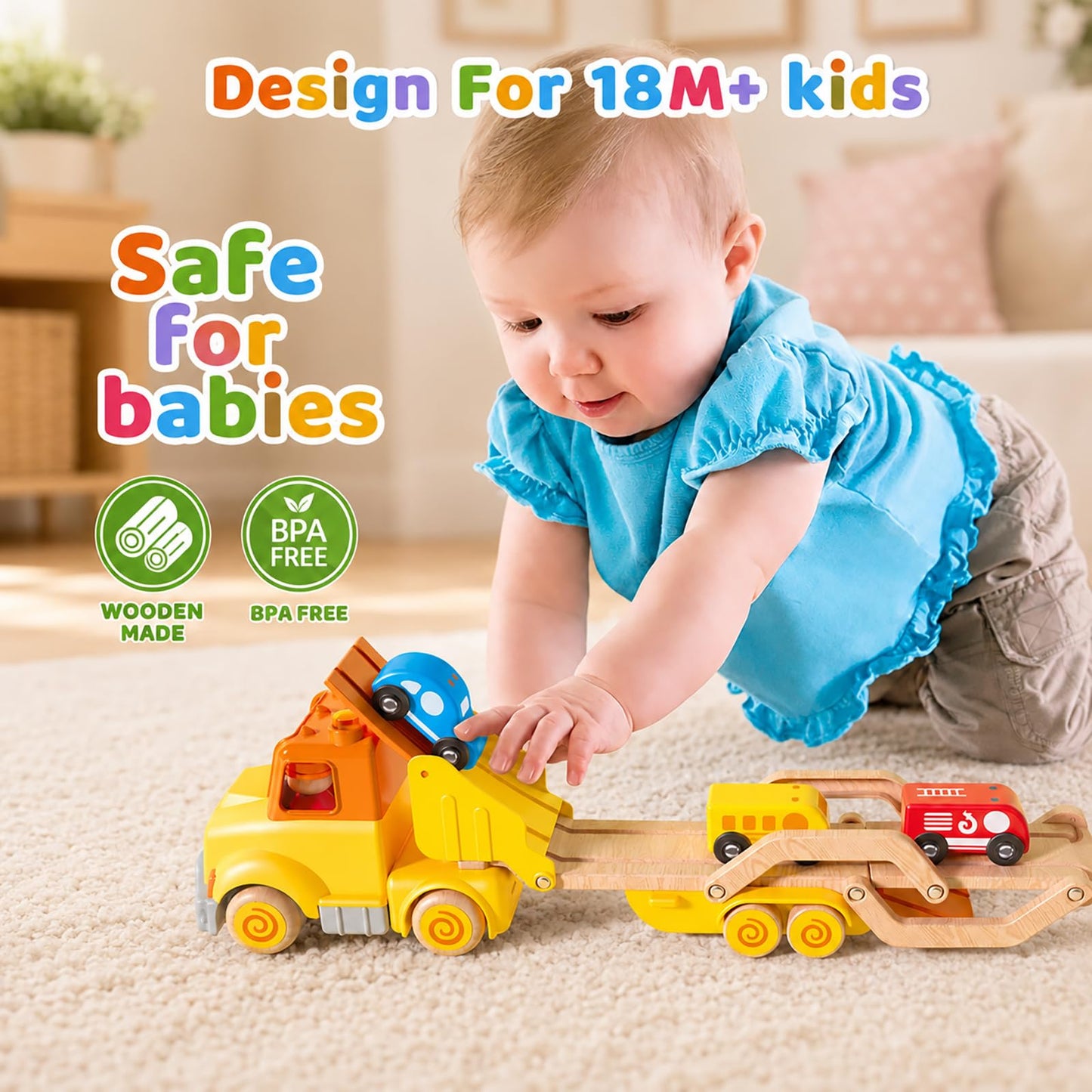 Toddler Toys for 2 3 4 5 Years Old Kids, Transport Car Carrier Truck Toy with 6 Wooden Vehicle, 30in Foldable Track Trailer with Light & Sound Effects, Best Gift Choice for Christmas, Birthday