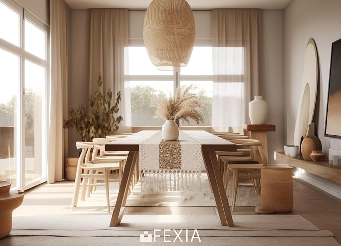 FEXIA Boho Table Runner for Summer Home Coffee Decor with Tassels 60 Inches Long Farmhouse Rustic Table Cloth Cream & Brown Macrame for Kitchen Dining Bedroom Decor Bridal Shower (12x60 Inches)