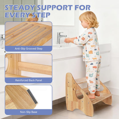Toddler Step Stool, Adjustable Height 2 Step Stool for Kids with Handles & Non-Slip Pads, Rubberwood Kids Step Stool for Bathroom Sink, Kitchen & Bedroom, Supports Up to 200 lbs, for Adults & Kids
