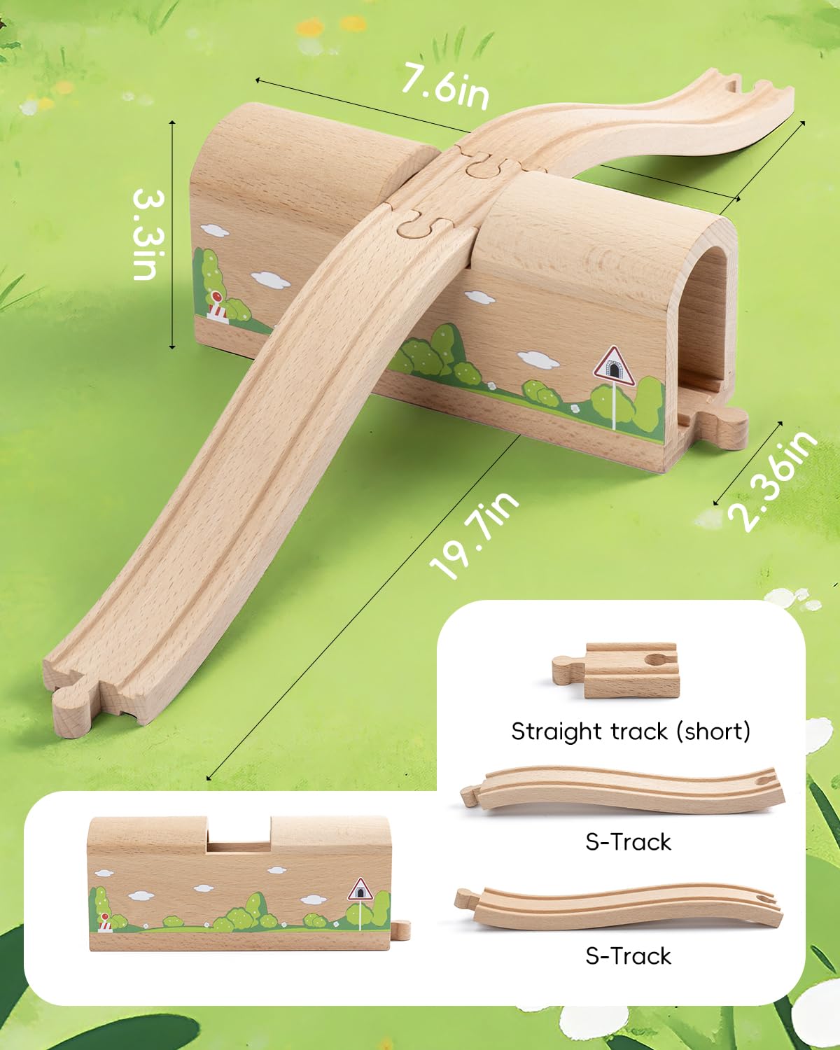 Wooden Train Track Bridge & Tunnel Set, Railway Expansion Kit with Ascending & Descending Ramp Tracks, Compatible with Major Wooden Train Systems, for Kids Creative Play and Learning