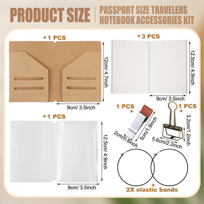 Thenshop Travelers Notebook Accessories Kit Include Dotted Passport Size Travelers Notebook Inserts, Travel Kraft File Folder, Zipper Case, Pen Holder, Binder Clip and Elastic Bands