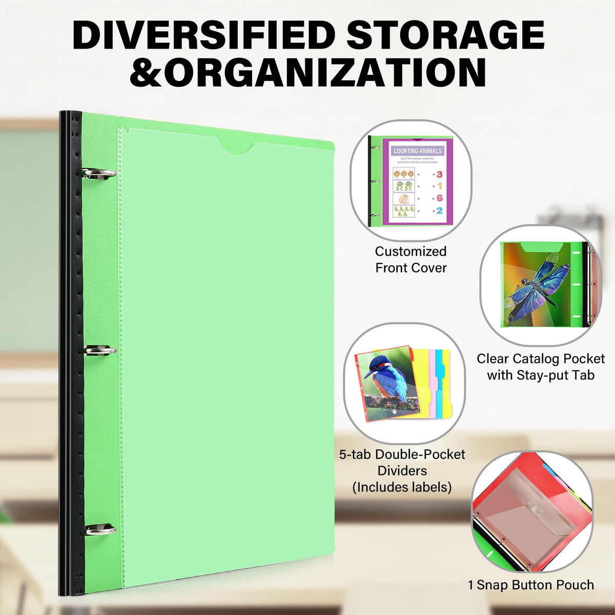 WOT I Telescoping Project Organizer, Refillable Binder with Dividers and Pockets, 13 Pocket Folders, 1 Inch 3 Ring Binder, Green