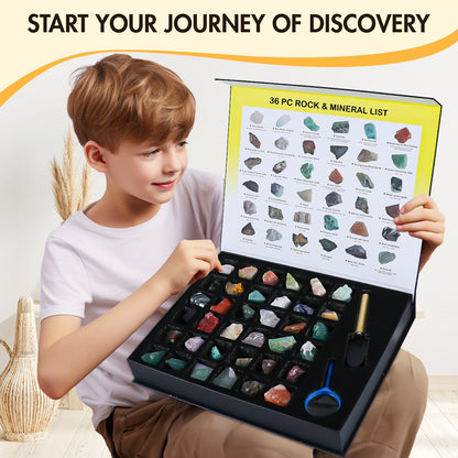 BTYCityMao Rock Collection for Kids - 36pc Cool Rocks and Gems Stones Crystals Kit - Rocks and Minerals Science Kit with Learning Guide - Earth Science Activity Kit - Rock Collection Box for Kids