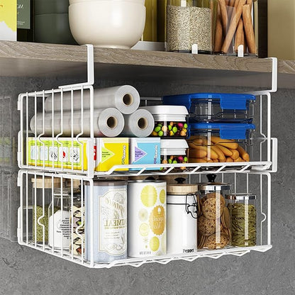 Hanging Under Shelf Storage Basket, 4 Pack Foldable Under Cabinet Metal Desk