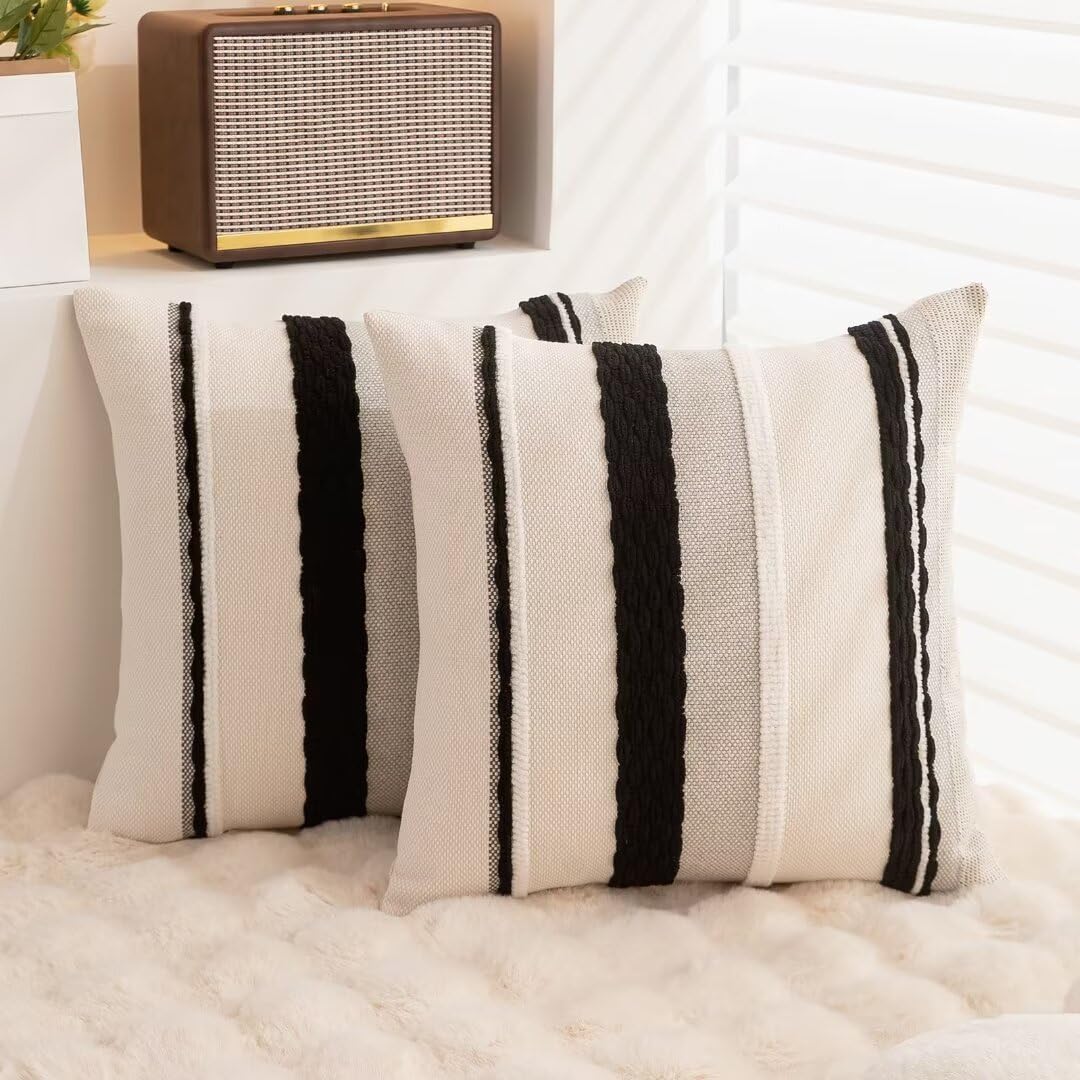 Boho Throw Pillow Covers 18x18 Set of 2 Farmhouse Decorative Cushion Case Striped Square Pillows Cover Chenille Pillow Cases Accent Neutral Pillowcase for Sofa Couch Bed,Sky Blue
