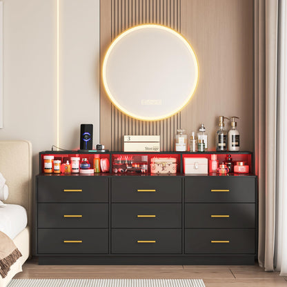knoworld Black 9 Drawer Dressers for Bedroom, Modern Large Dresser with LED Light and Power Outlet, Wooden Long Dressers, Triple Dresser for Bedroom, Entryway, Hallway