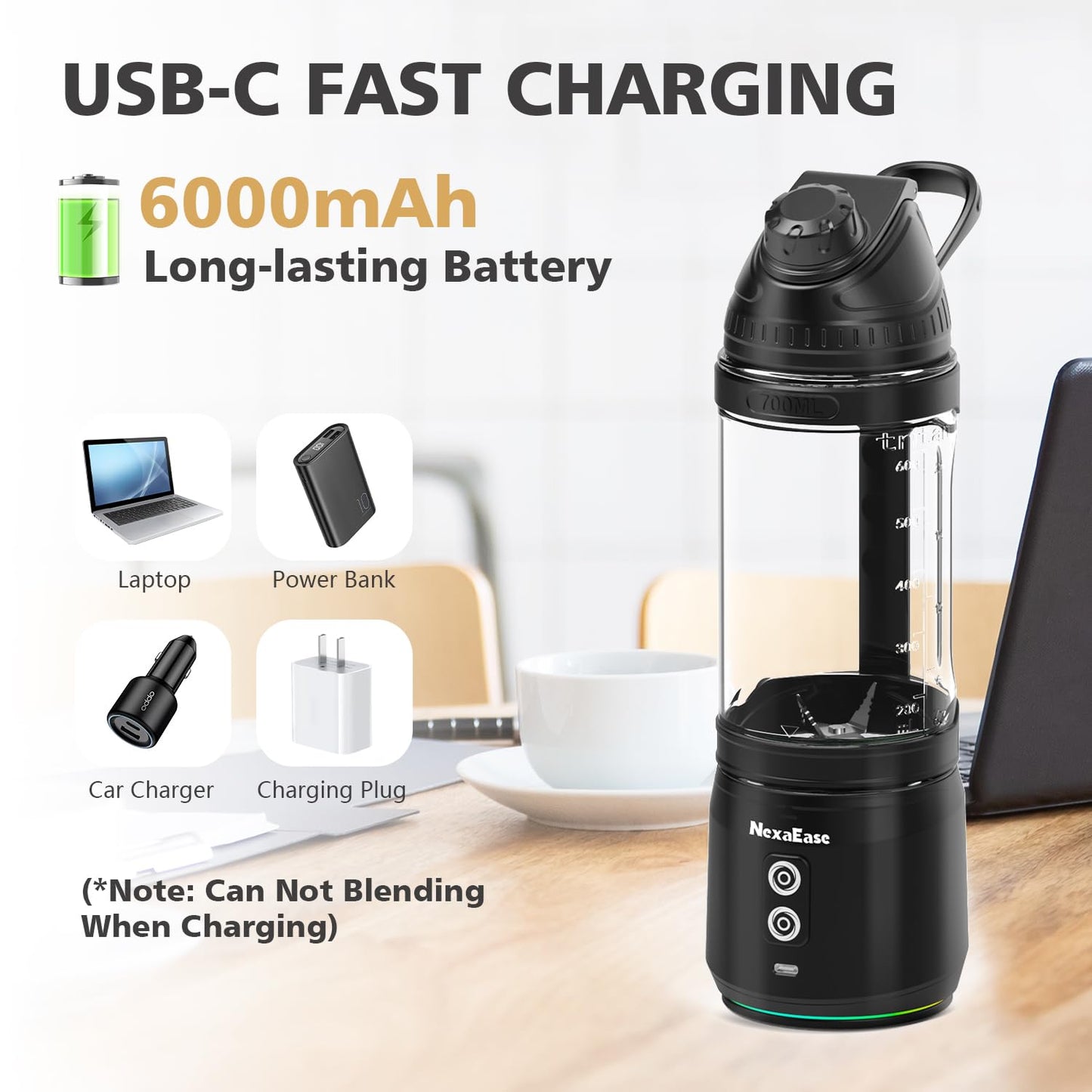 Portable Blender Personal Juicer for Shakes and Smoothies - 20 OZ Electric Protein Shaker Bottle with Insulated Sleeve, Travel Lid, USB-C Rechargeable - Mini Small Blender Cup for Kitchen, Office, Gym