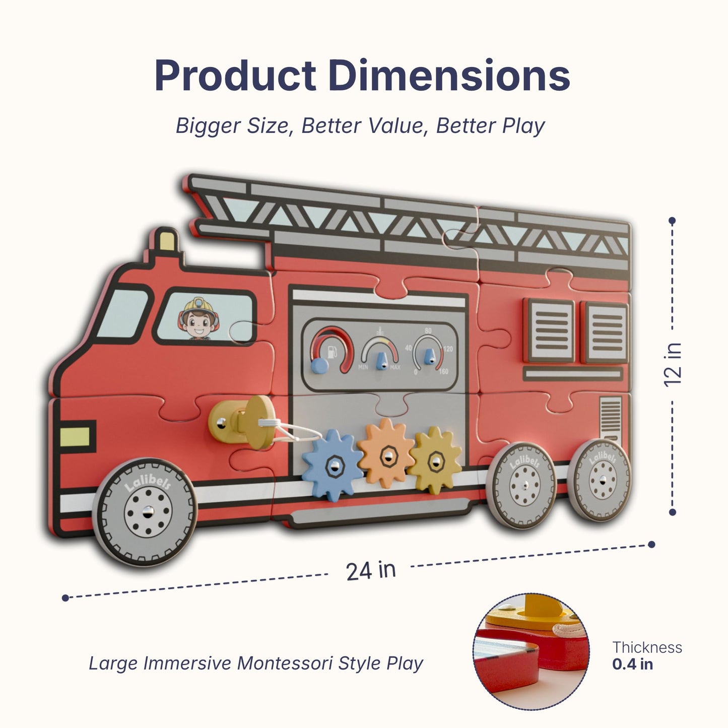 Lalibels Large Fire Truck Puzzle & Activity Toy for Toddlers 18 Months+, Montessori Fine Motor Learning Toy, Wooden Firetruck Birthday Gift for Boys Ages 1-3