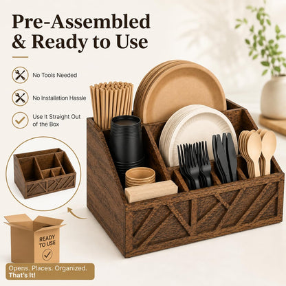 Seerova Living Premium 6 Compartment Wooden Paper Plate and Utensil Organizer – Heavy Duty Silverware & Napkin Caddy for Party, Picnic, BBQ, Kitchen Countertop, Vanity Makeup Storage