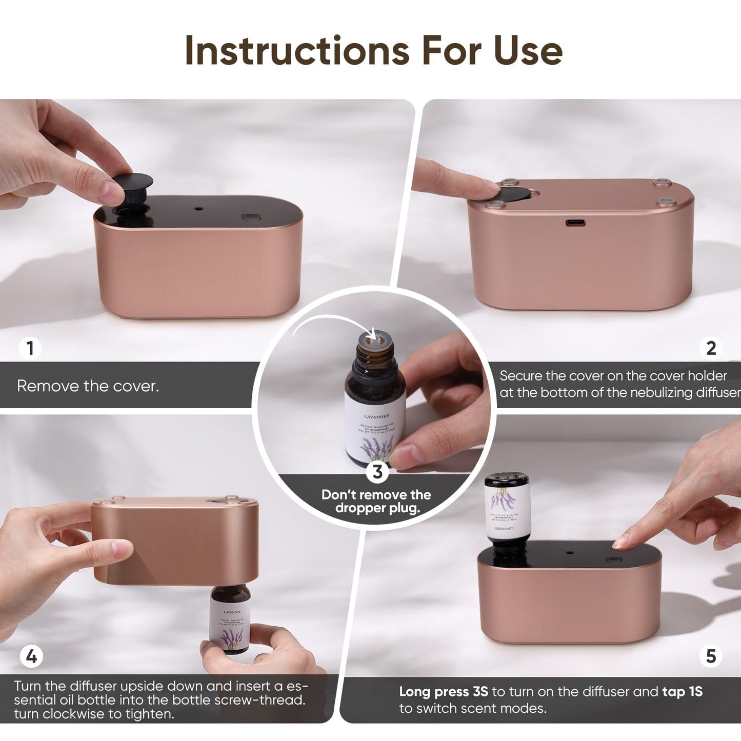 Waterless Diffuser for Essential Oil, Battery Operated Scent Air Aromatherapy Diffuser, Mini Aroma Diffusers with 3 Intermittent Mist Modes, Cycle Start, for 400 sq.ft Room Home Office Bedroom