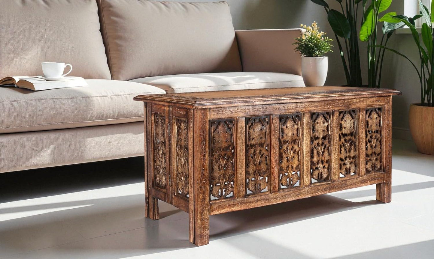 Coffee Table 36x18 Inch – Hand-Carved Solid Wood Center Table, Vintage Burnt Finish Modern Coffee Table for Living Room, Entryway Table for Magazines, Books & Plants