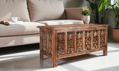 Coffee Table 36x18 Inch – Hand-Carved Solid Wood Center Table, Vintage Burnt Finish Modern Coffee Table for Living Room, Entryway Table for Magazines, Books & Plants