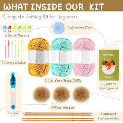 Maasechs Knitting Kit for Beginners Adults Complete Hat Knitting Kits Learn to Knit Kits with Yarn Bamboo Needle Pom Pom Step-by-Step Instruction Knit Accessories for Mother Women Men Gifts(Bright)