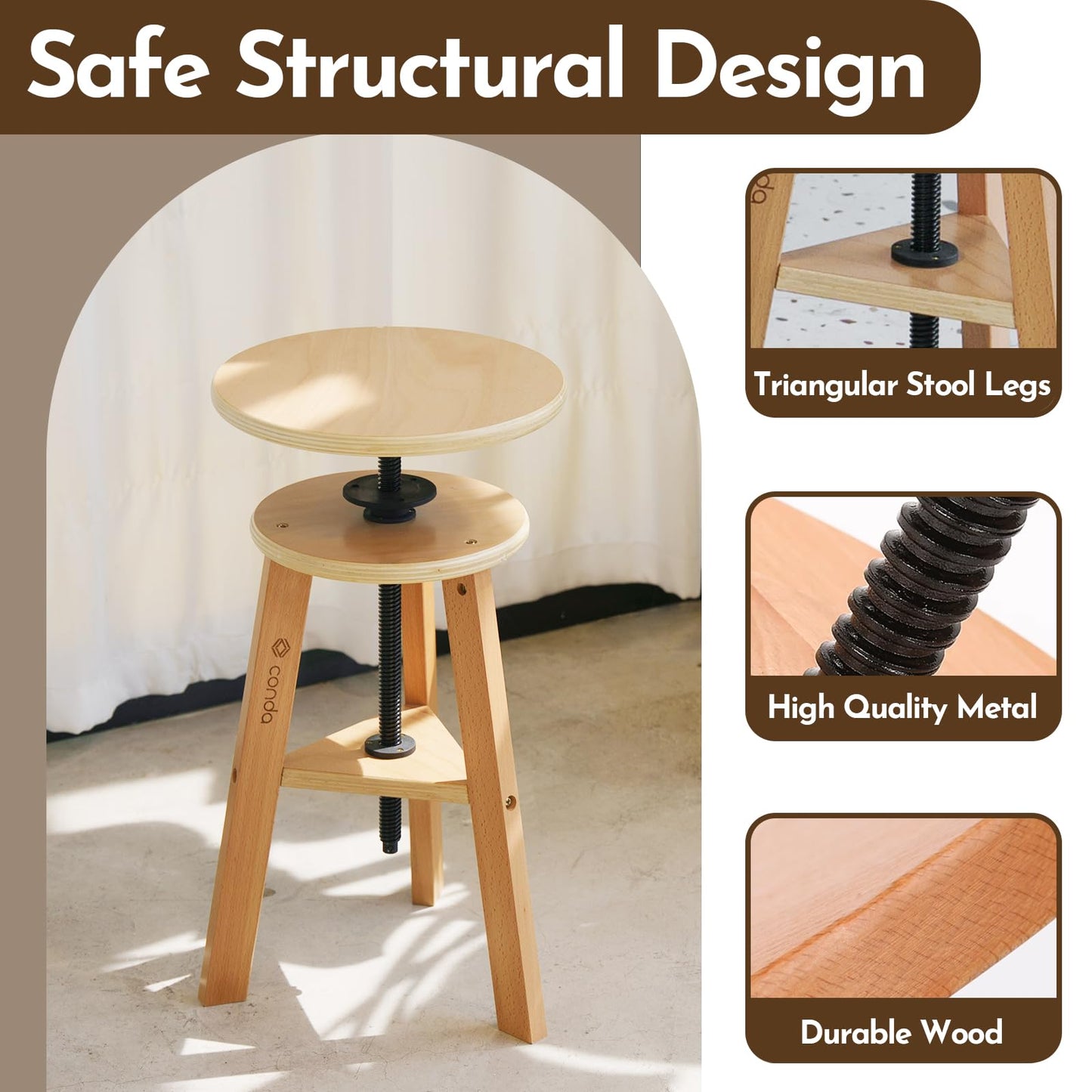 conda Adjustable Height Wooden Drafting Stool 20" to 25", Beech Wood Artist Stool for Drafting, Painting, Office, Studio, Kitchen, Bar, and Home Use