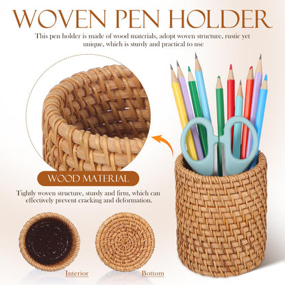 SEWACC 2pcs Rattan Pencil Holder, Handmade Wicker Pen Cups, Boho Pencil Organizer, Makeup Brush Storage for Desktop, Home Office Use