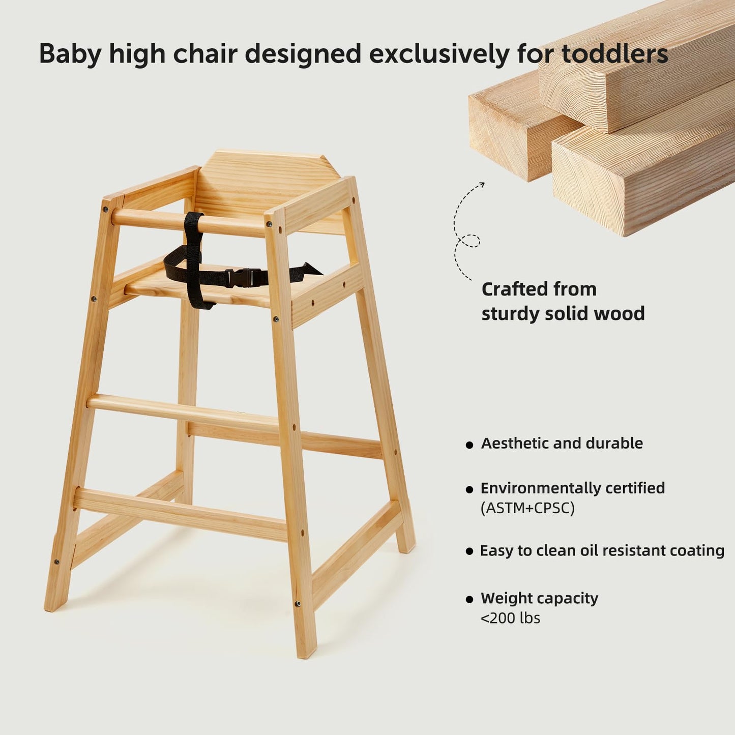 Neoflavie 2 Pack Wooden High Chairs for Babies and Toddlers, Restaurant-Style Stackable High Chair with Commercial Grade Solid Wood for Dining Table & Kitchen, Easy to Clean Baby Booster Seat -Natural