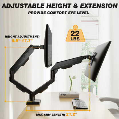 5Rcom Dual Monitor Stand for 17-34 inch Computer Screens, Full Motion Monitor Dual Monitor Arms, Dual Monitor Arms Hold up to 22lbs, Gas Spring Monitor Stand, 75/100mm VESA Mount