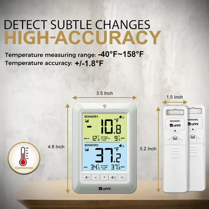 U UNNI Refrigerator Thermometer with Alarm, Digital Wireless Fridge and Freezer Thermometer, Max Min Temperature Records with Magnetic & Stand Options for Home Restaurant