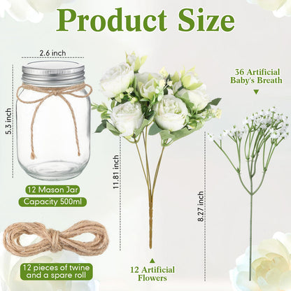 Zeyune 12 Sets Mason Jar Centerpiece Table Decorations, Artificial Peony Baby's Breath Flower Bouquets, Faux Flowers with Vase, Rustic Decor Gifts for Home, Wedding, Holiday (Green)