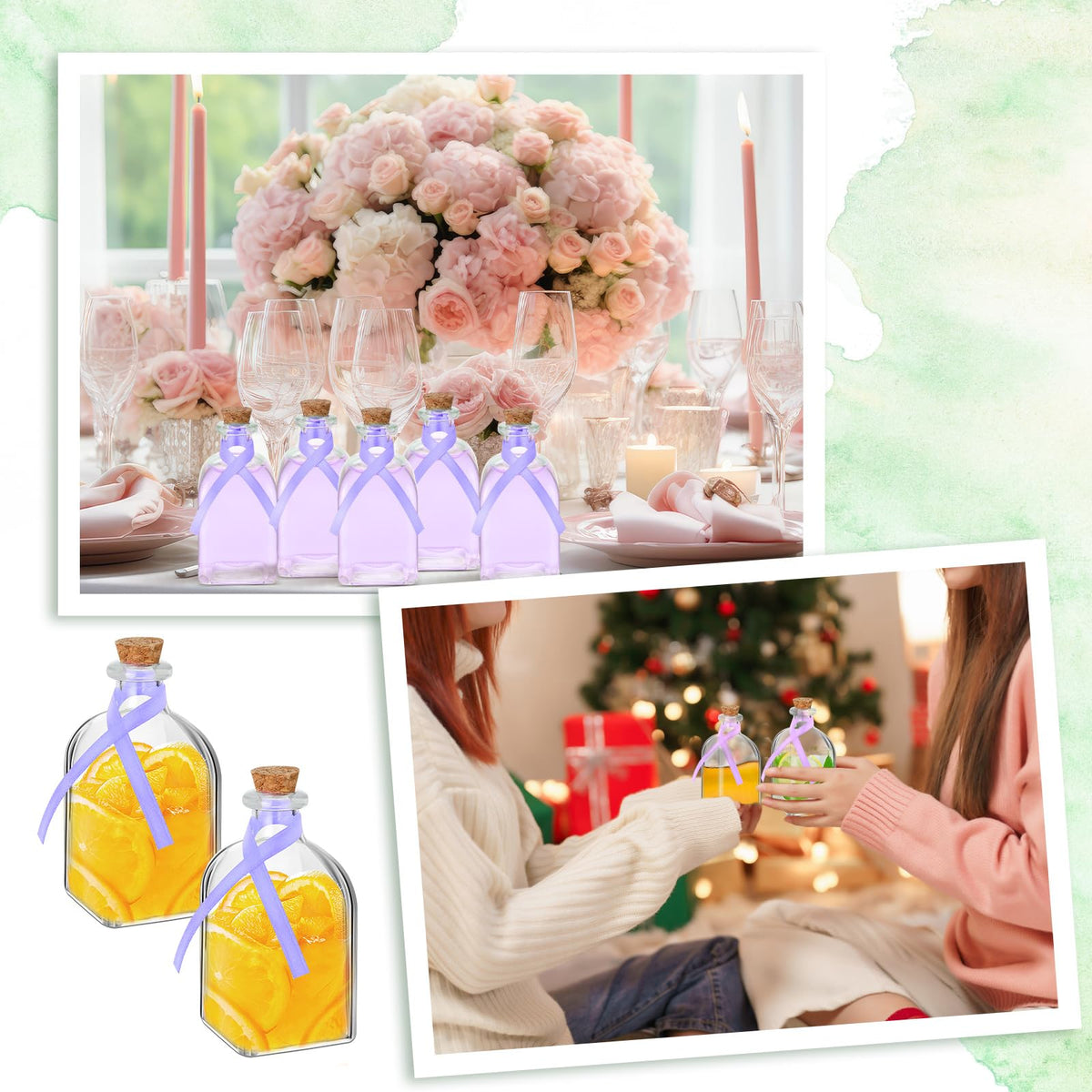 Baderke 12 Pcs Glass Bottles with Cork and Straw 4 oz Mini Empty Glass Bottle for Drinks Reusable Liquor Bottles with Silk Ribbon and Funnels for Cocktail, Wedding Party(Purple)