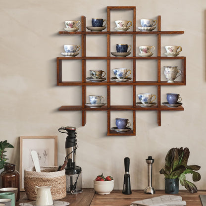 Suzile Oversize Tea Cups and Saucers Shelf Rustic Wooden Coffee Display Shelves Wooden Floating Curio Shelf Mounted Tea and Saucer Rack Holder for Kitchen Station Bar Accessories(Brown)