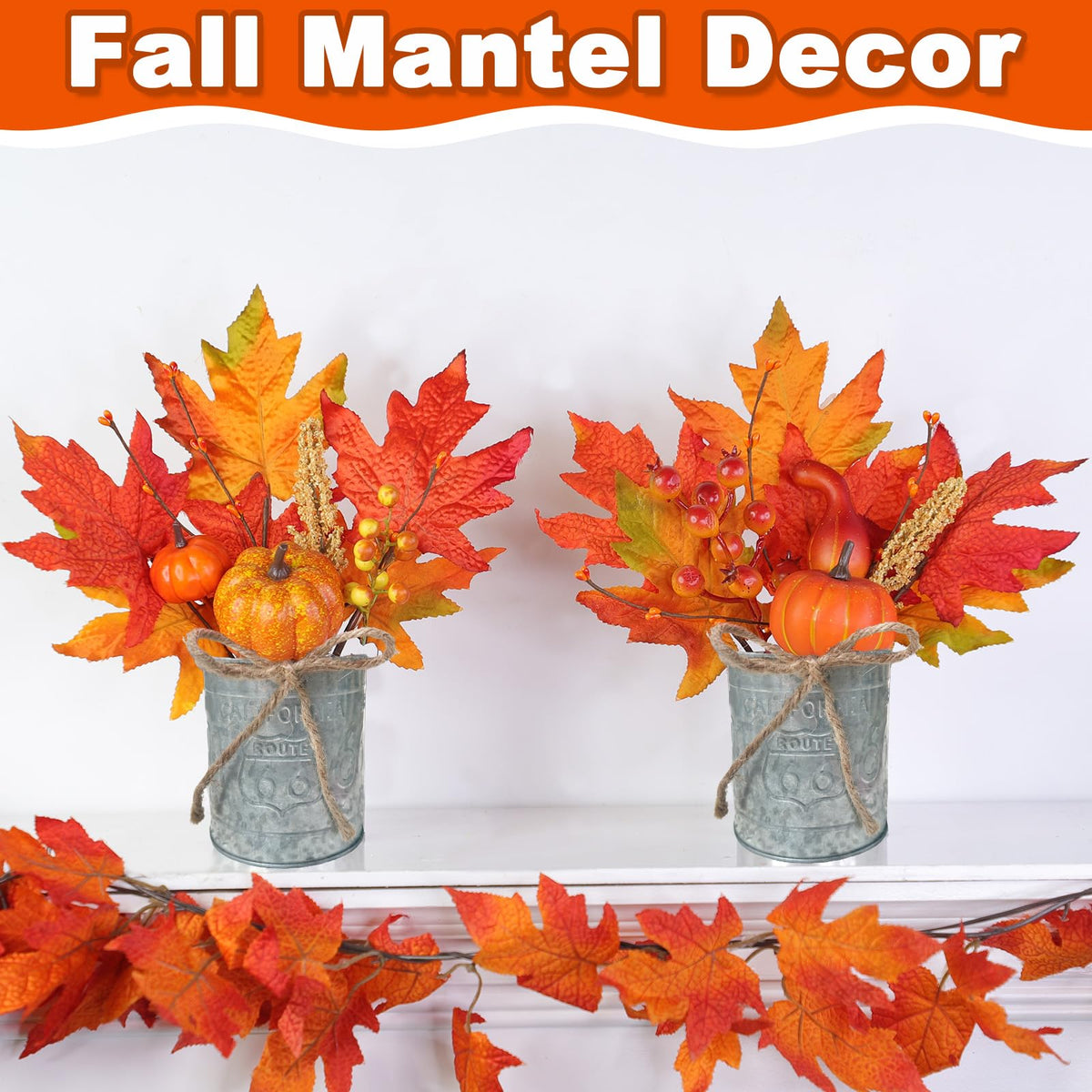 2 Pack 12" Fall Decorations for Home Fall Table Centerpieces Fall Arrangements Maples Leave Pumpkin Berried Wheat Realistic Moss in Metal Pots Thanksgiving Decorations for Home Kitchen Table Farmhouse
