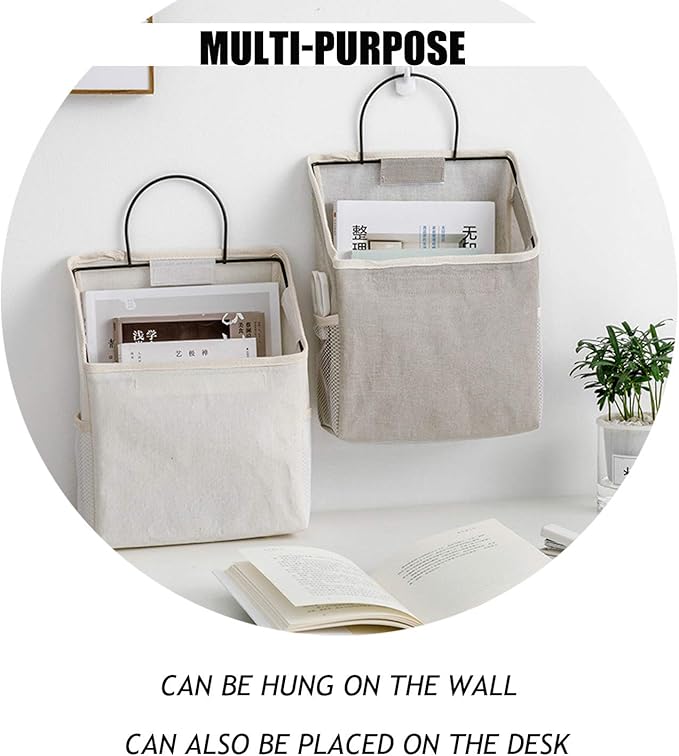QULSE 2 Pcs Wall-Hanging Storage Bags, Desktop Organizer Basket Cotton Linen