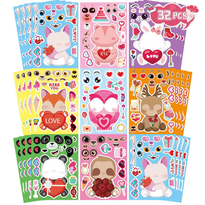 32 Sheets Valentine Stickers for Kids, Valentine's Day Make a Face Stickers, Make Your Own Stickers 8 Designs of Animal Owl Rabbit Bear Stickers for Boys Girls