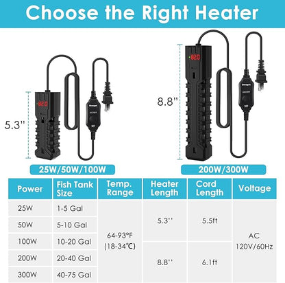 200W Aquarium Heater, Adjustable Fish Tank Heater, with Digital Display, Overheat Protection & Dry Run Protection, for 20-40 Gallon Water