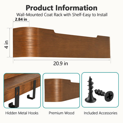 Jadoxy Coat Rack Wall Mount with Hidden Hooks Modern Key Holder Wood Entryway Hook with Shelf for Bedroom Kitchen Hallway Bathroom Designed for Hanging Coats Hats Bags Towel Dog Leashe(Walnut,5 Hooks)