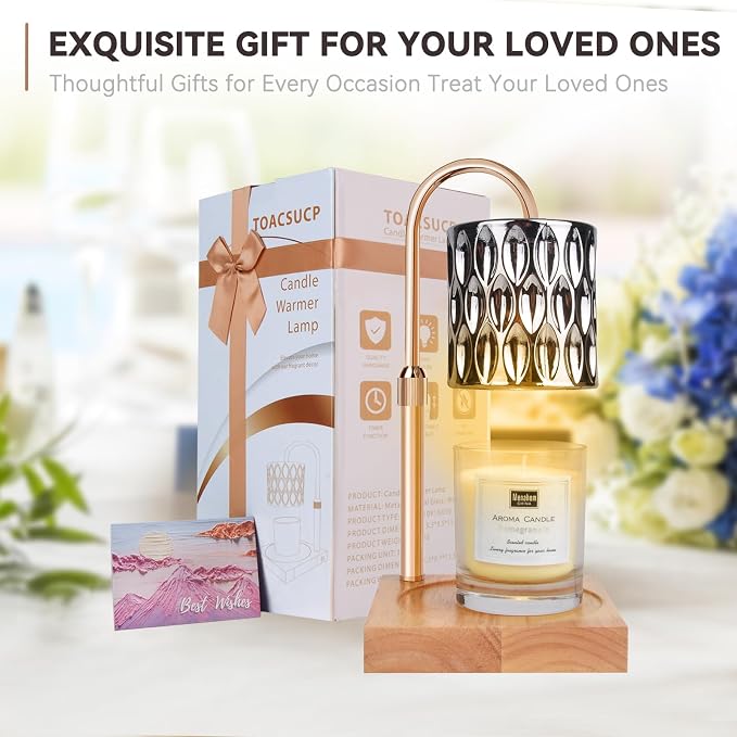 TOACSUCP Candle Warmer Lamp with 3 Bulbs, Adjustable Height Dimmable Candle Warmer with Timer, Compatible with Large Jar Candles, Candle Lamp with Charming Gift Box Ribbon for Her/Him