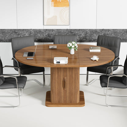 Extendable Round Conference Table for 4-8 People, 43in-59in Modern Oval Meeting Room Table with Storage, Fluted Wood Slide Doors, Small Compact, Office, Training, Conference Room, Walnut