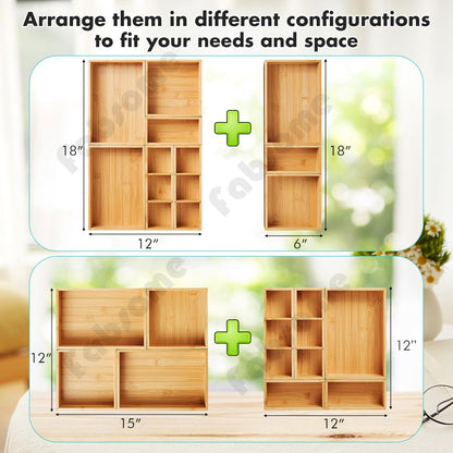 Fabsome Drawer Organizer, Set of 9 Bamboo Wood Kitchen Makeup Desk Junk Tea Drawer Storage Boxes Bins for Cutlery Silverware Utensils Flatware, Small Wooden Container Tray for Bathroom, Office
