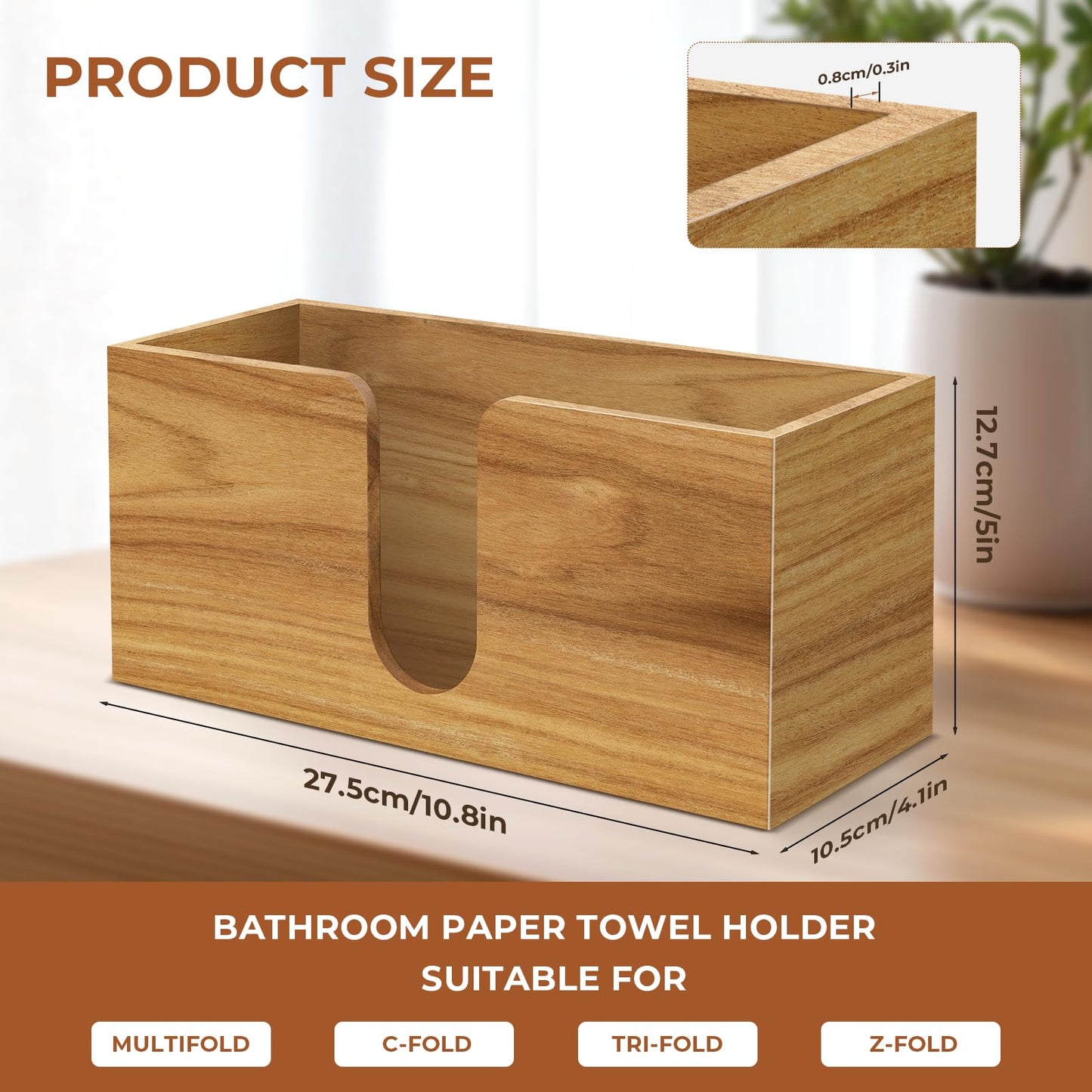 Acacia Wood Paper Towel Dispenser Countertop, Paper Towel Holder for Bathroom Kitchen Napkin Holder Folded Paper Towel Dispenser Fits Multifold, C-Fold, Z-Fold, Trifold - Home Kitchen Bathroom