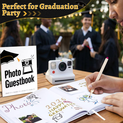 LawnIdyll 2026 Graduation Guest Book with Photo Sign Metallic Pens Stickers 144 Pages Class of 2026 Scrapbook Album Gift Memory Book for High School College Graduation Party Supplies (White)