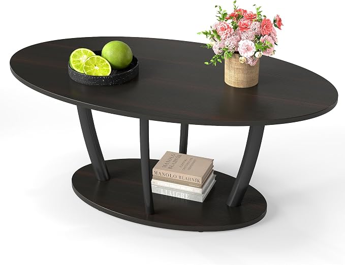 Manora Rustic Small Oval Coffee Table for Living Room, Narrow Wood Center Table with Shelf, Retro Style Coffee Table with Curved Metal Legs, Stable and Easy Assembly, Black Brown