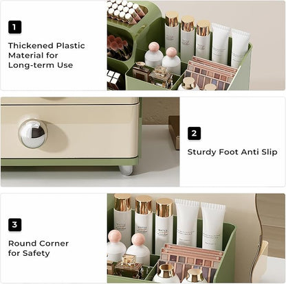 UFORU Makeup Organizer for Vanity with Brush Holder, Large Capacity Bathroom Countertop Skincare Organizer with 2 Drawers, Cosmetic Display Case for Perfumes, Eyeshadow Palettes, Nail Polishes