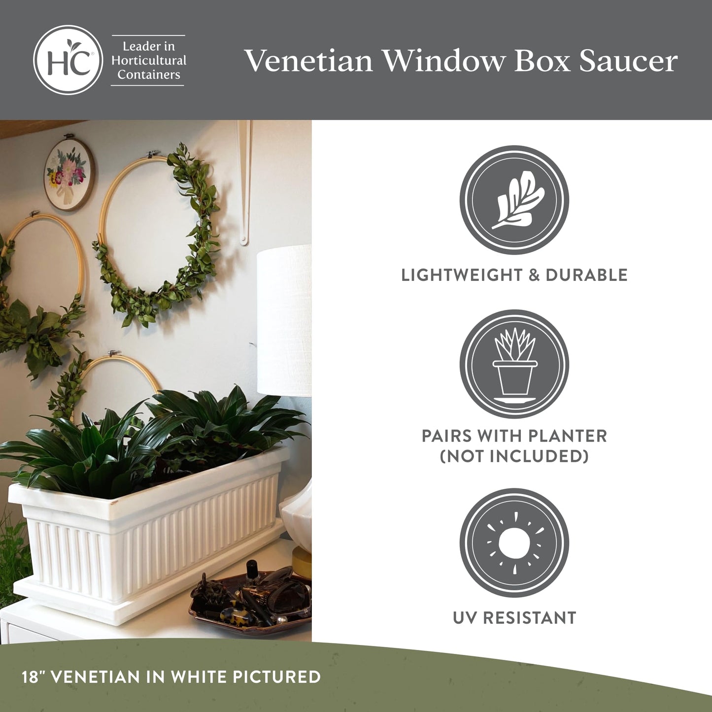 The HC Companies Venetian Rectangular Plant Tray - Lightweight Plastic Plant Saucer - Plant Drip Trays for Drainage - UV Resistant Pot Saucer for Indoor & Outdoor Use (23.5" Black, Pack of 1)