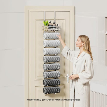 SWTYMIKI Hanging Towel Racks for Bathroom - 9 Tier Over the Door & Wall Mounted Bath Rolled Towel Storage Organizer Holder for Small Bathroom, RV, Camper (Polished Nickel, 9-Tier)