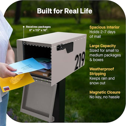 Adoorn Post Mount Outdoor Mailboxes - Large Decorative Mailbox for Letters and Packages - Weatherproof Construction - Durable Steel - Magnetic Closure - 9.5” H x 9.5” W x 20.75” D - Sandstone