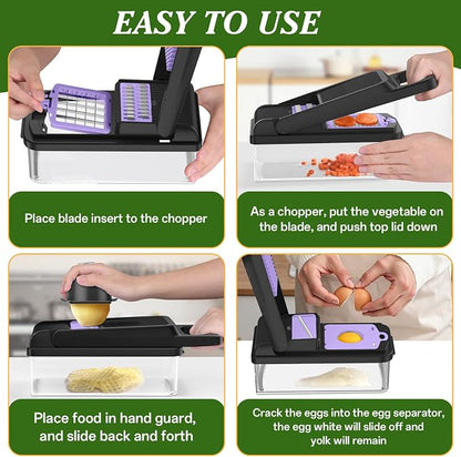 HomeHacks Vegetable Chopper Vegetable Cutter, 12 in 1 Kitchen Gadget, Dicer, Slicer, Onion Cutter, Salad, Cheese Grater & Egg Separator - Multi-Functional Veggie Chopper Lid with Handle (Purple)