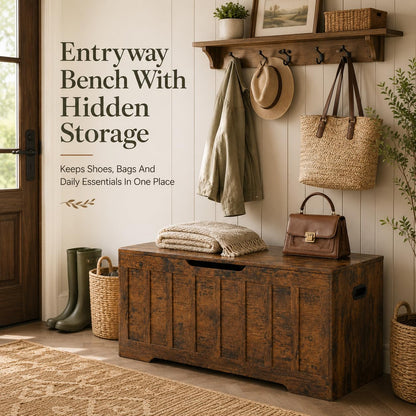 Simple Deluxe 47.2" Storage Chest for Bedroom, Extra Large Wooden Storage Trunk with 2 Safety Hinges, Entryway Storage Bench, Blanket Chest and Storage Benches for Living Room, Hallway, Brown