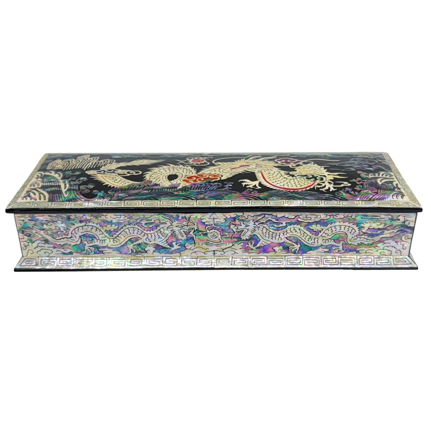 Nacreh Mother of Pearl Ring Necklace Office Pen Holder Case Storage Wooden Jewelry Box - Inlay with Sea Shell Gift (Dragon)