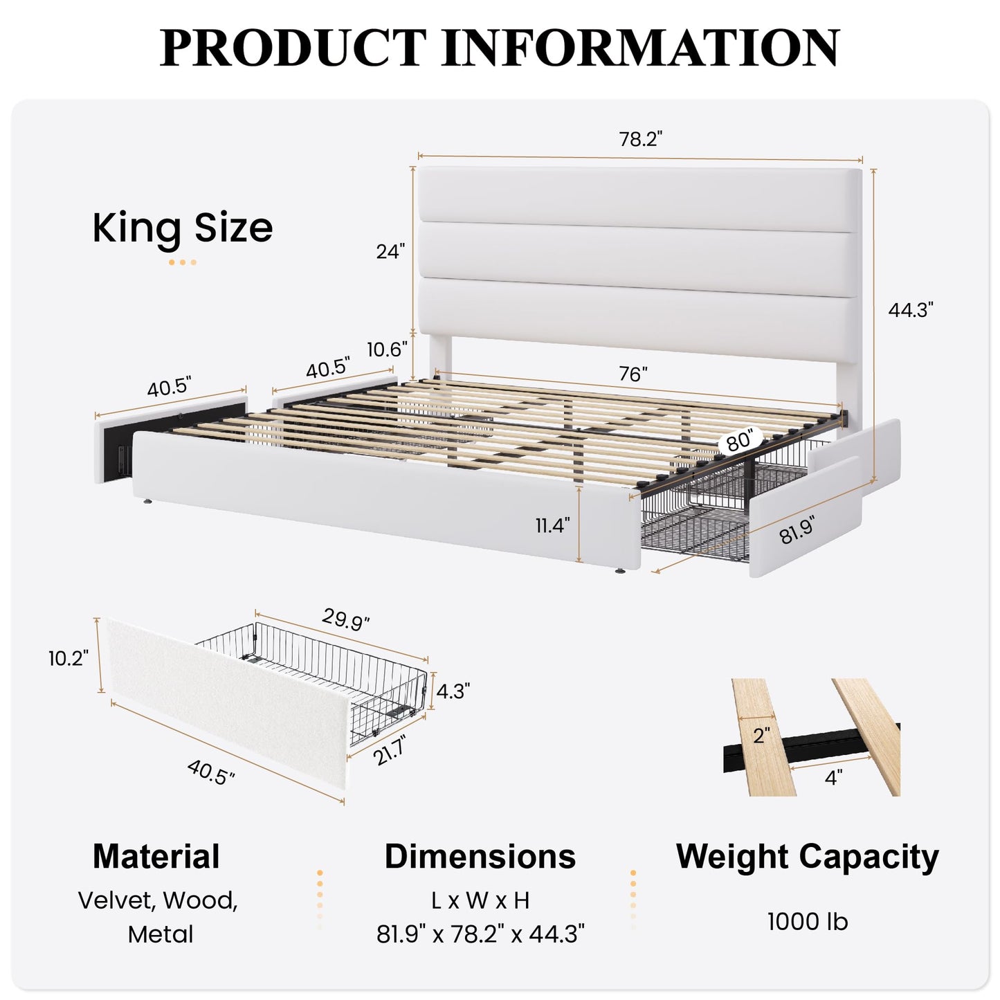SHA CERLIN King Size Platform Bed Frame with 4 Storage Drawers, Velvet Upholstered Headboard, Mattress Foundation with Wooden Slats Support, No Box Spring Needed, Easy Assembly, White