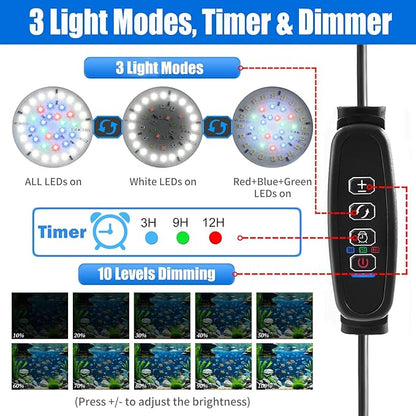 AQUANEAT Clip on Aquarium Light for up to 5 Gal Fish Tank, Auto On Off with Timer, Dimmable Small Fish Tank Light USB for Nano Tank (Large)